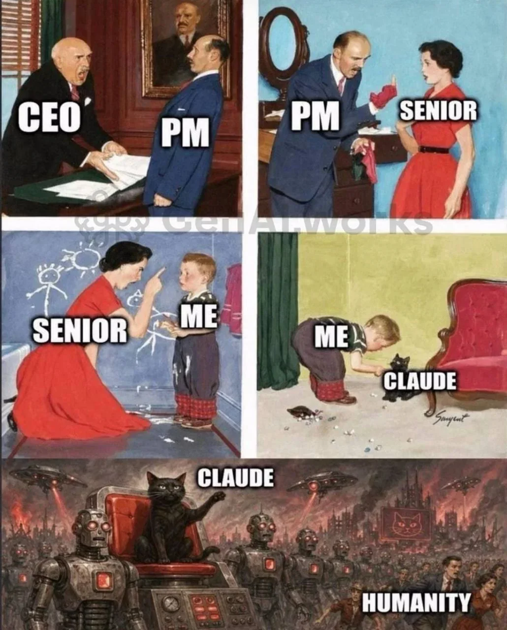 The Blame Game Chain Reaction. Multi-panel meme showing workplace hierarchy where a cat named Claude ultimately controls humanity's fate. Text: CEO / PM / PM / SENIOR / SENIOR / ME / ME / CLAUDE / CLAUDE / HUMANITY
