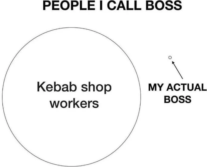 A Venn diagram joke showing kebab shop workers as everyone called boss, with actual boss as a tiny dot separate from the circle. Text: PEOPLE I CALL BOSS / Kebab shop workers / MY ACTUAL BOSS