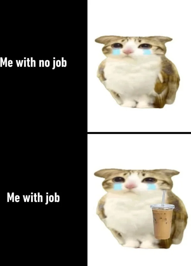 It's hard being a professional cat for a living. Crying cat compared to the same cat holding a coffee drink, depicting emotional difference between unemployment and employment. Text: Me with no job / Me with job