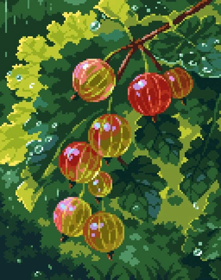Pixel art illustration of red currants hanging from branches with green leaves