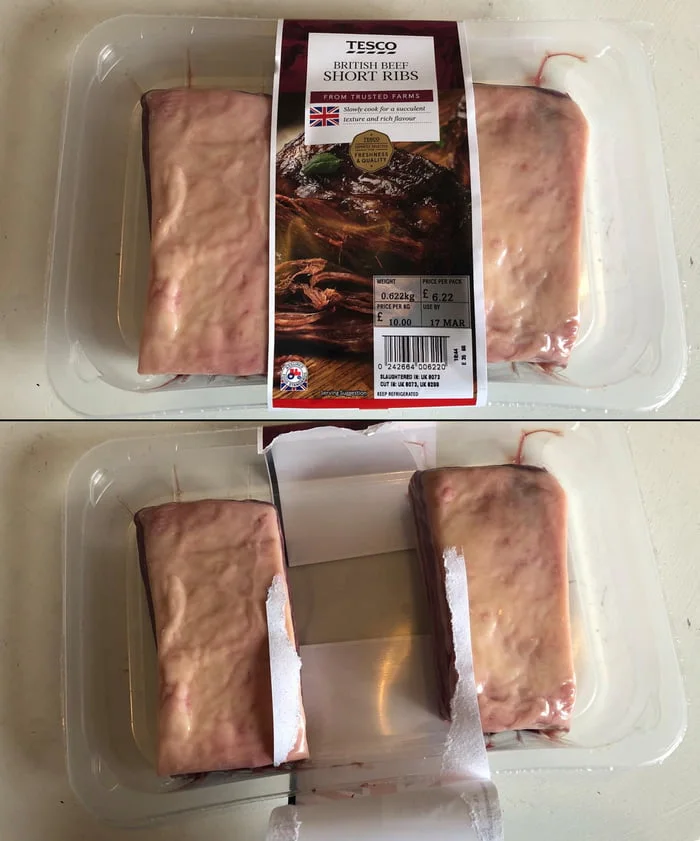 When the package is bigger than the product. Two photos comparing Tesco British beef short ribs packaging, showing the ribs appear significantly smaller in the actual product than advertised. Text: TESCO / BRITISH BEEF / SHORT RIBS / FROM TRUSTED FARMS / Tender and rich flavour / 0.022kg / £6.72 /…