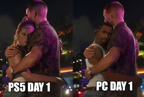 Split-screen comparison showing a man hugging a woman differently on PS5 versus PC gaming platforms. Text: PS5 DAY 1 / PC DAY 1