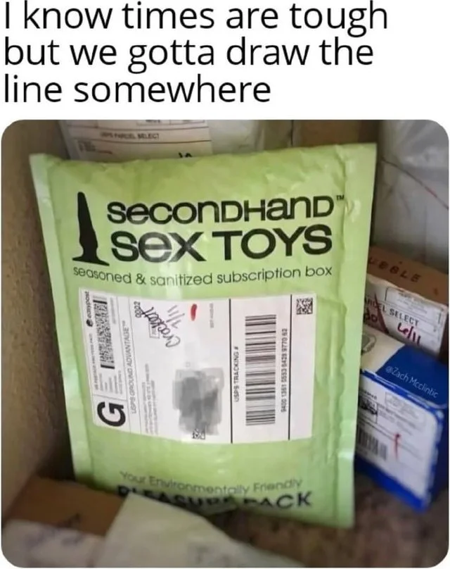 I'm doing my part. Package labeled as secondhand sex toys subscription box with caption about drawing the line during tough times. Text: I know times are tough but we gotta draw the line somewhere / secondhand sex toys / seasoned & sanitized subscription box / Your Environmentally Friendly / BULK…