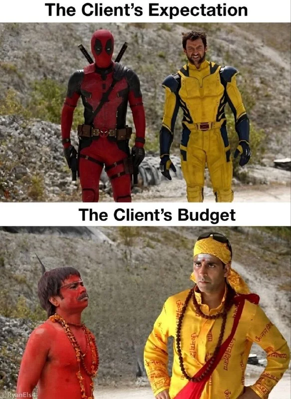 Comparison meme showing professional superhero costumes versus cheap DIY alternatives made with basic materials. Text: The Client's Expectation / The Client's Budget