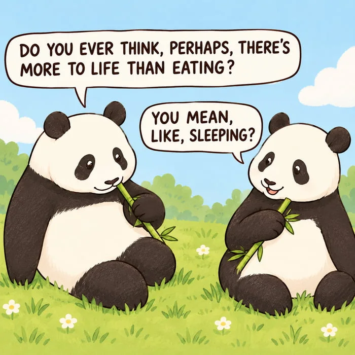 What really matters in life. Two pandas sit in a grassy field discussing life's meaning with humorous priorities. Text: DO YOU EVER THINK, PERHAPS, THERE'S MORE TO LIFE THAN EATING? / YOU MEAN, LIKE, SLEEPING?