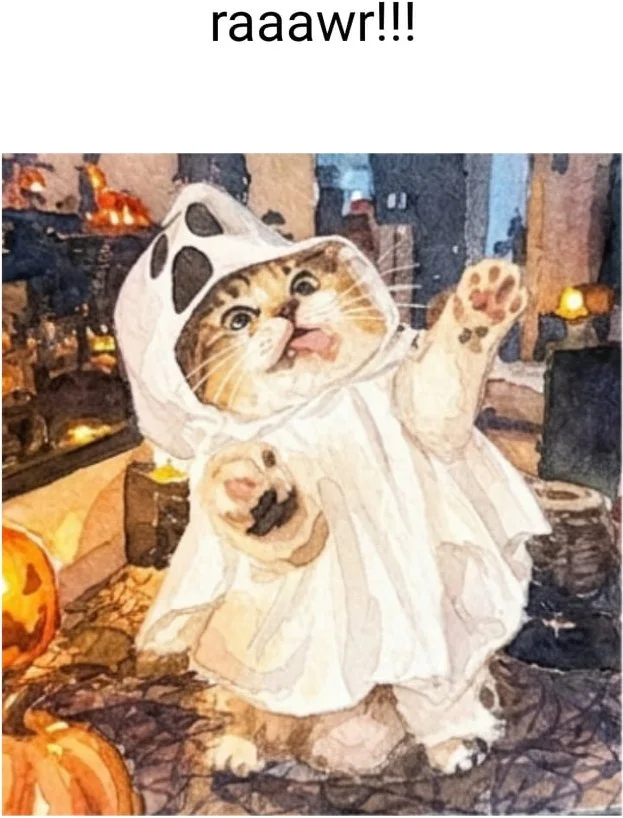 A cat dressed as a ghost for Halloween, posed dramatically with paws raised. Text: raaawri!!!