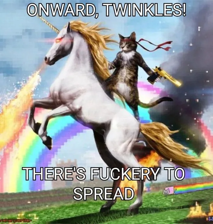 A cat rides a majestic unicorn shooting rainbows and fire while wielding a weapon. Text: ONWARD, TWINKLES! / THERE'S FUCKERY TO SPREAD