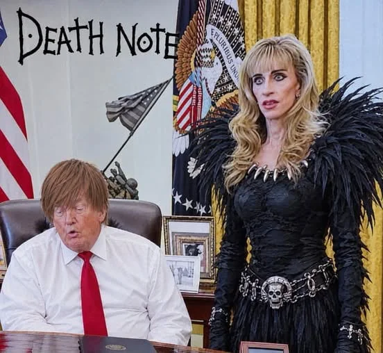 When the cosplay goes too far. Humorous image showing two figures in an official setting with Death Note anime reference text overlay. Text: DEATH NOTE