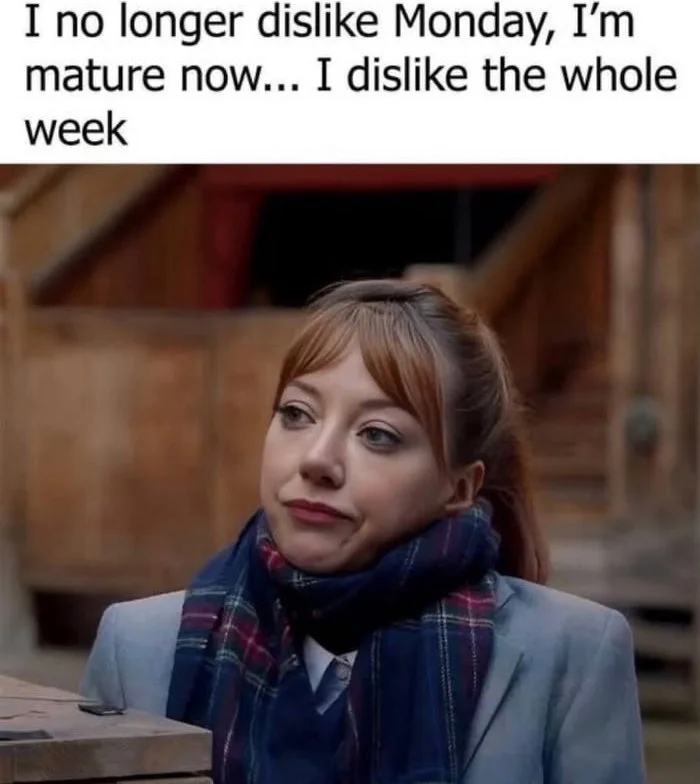 A woman in professional attire with a scarf gives a weary, resigned expression. Text: I no longer dislike Monday, I'm mature now... I dislike the whole week