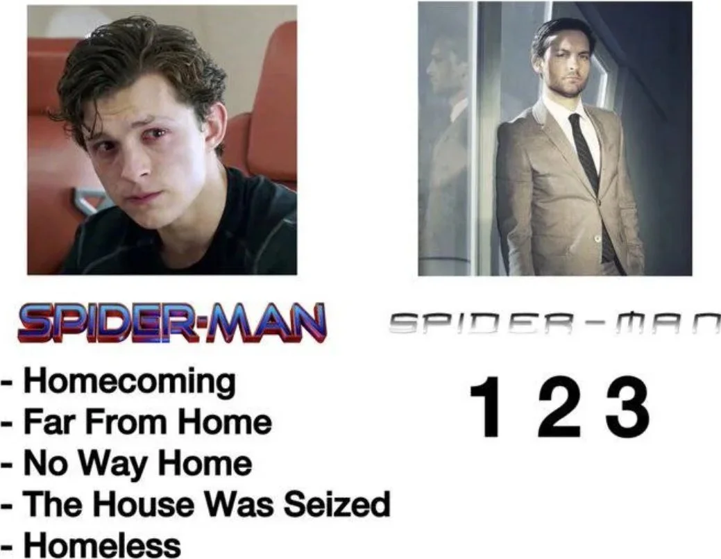 Spider-Man films: the housing crisis edition. Meme comparing Spider-Man movie titles to increasingly negative housing situations, with character photos from different films. Text: SPIDER-MAN - Homecoming / - Far From Home / - No Way Home / - The House Was Seized / - Homeless / spider-man / 1 2 3