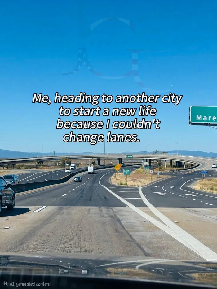 Here we go again. A highway interchange viewed from a car, with text joking about fleeing a city due to failing to change lanes. Text: Me, heading to another city to start a new life because I couldn't change lanes. / Mare / EXIT / AI-generated content