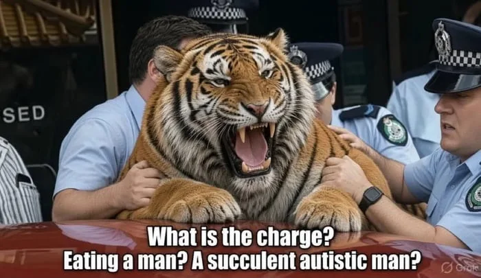If only the man was also Chinese. Police officers hold a snarling tiger while questioning it about charges in a humorous courtroom scene. Text: What is the charge? Eating a man? A succulent autistic man?