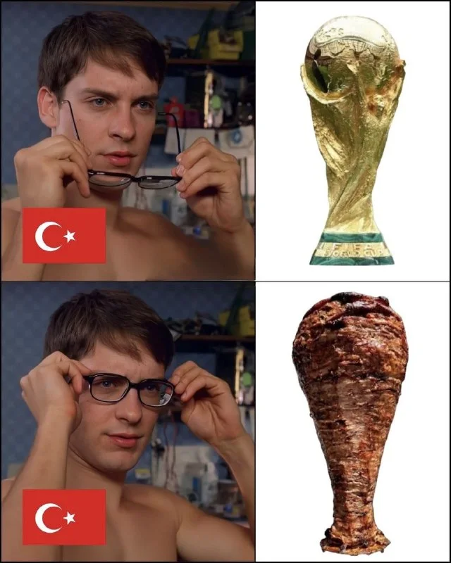 When Turkey finally gets glasses at the World Cup. Meme comparing Turkish flag with FIFA World Cup trophy and a döner kebab using glasses on/off format