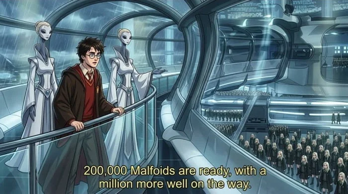 Its getting out of hand. Anime character in wizard robes stands before alien robots in a futuristic facility, referencing a popular quote. Text: 200,000 Malfoids are ready, with a million more well on the way