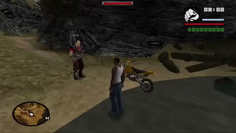Video game screenshot showing a player character standing near a…