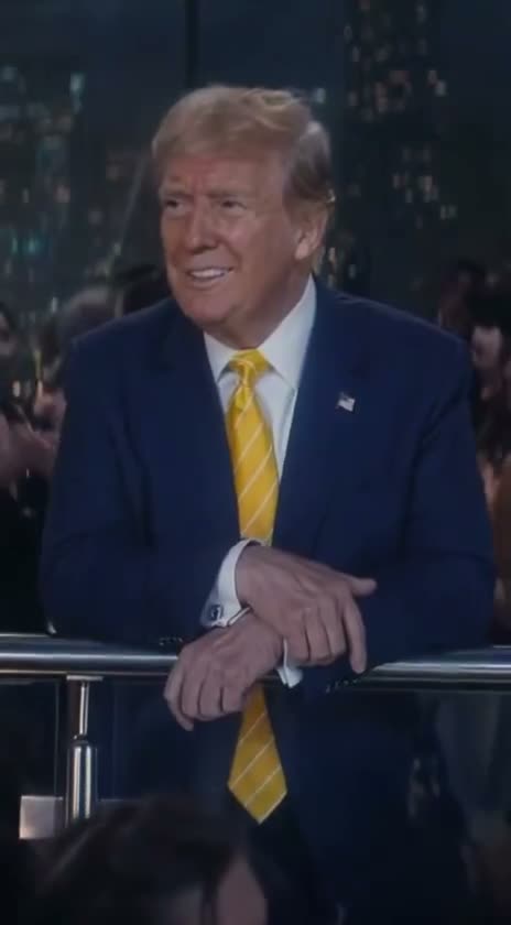 Man in dark suit and yellow tie leaning on railing, smiling at…