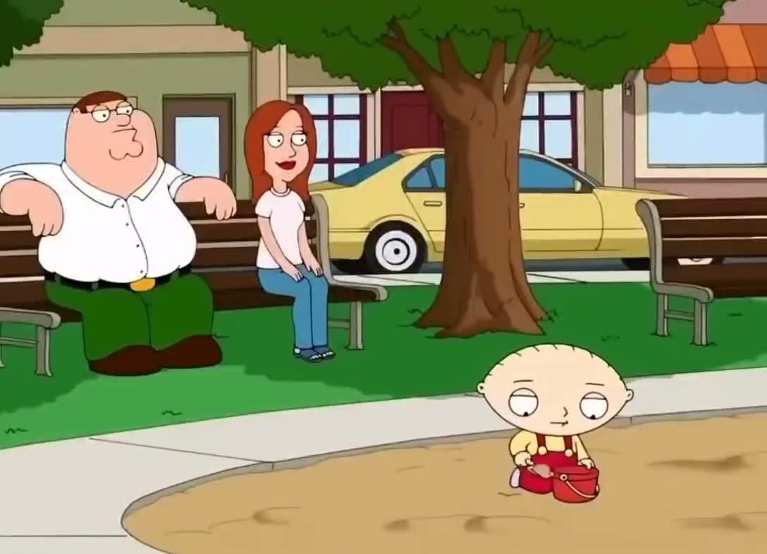 Cartoon characters sitting on a bench in a park with a small child…