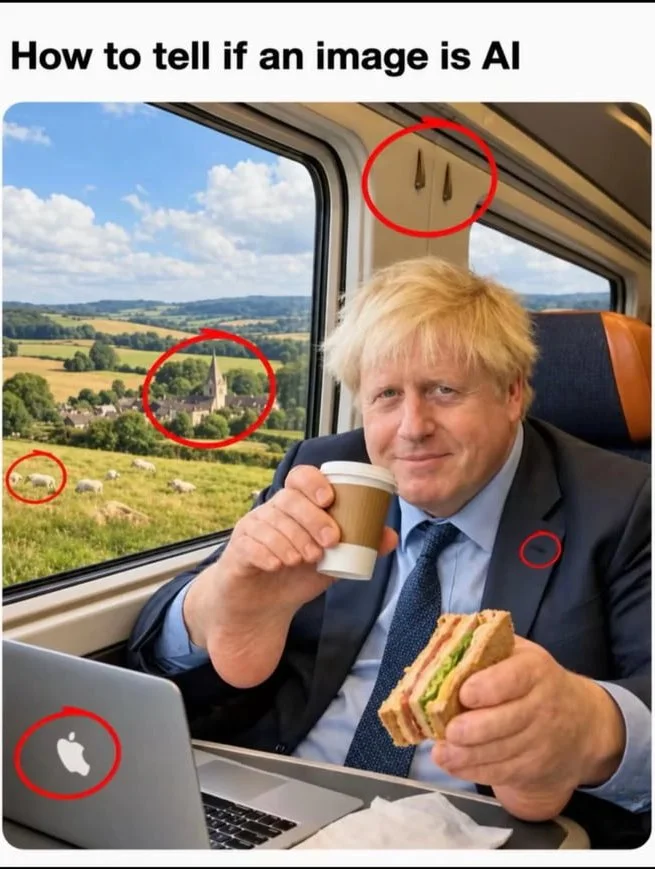 Good to know. Satirical image showing a man on a train with multiple red circles highlighting implausible or impossible elements as AI indicators. Text: How to tell if an image is AI
