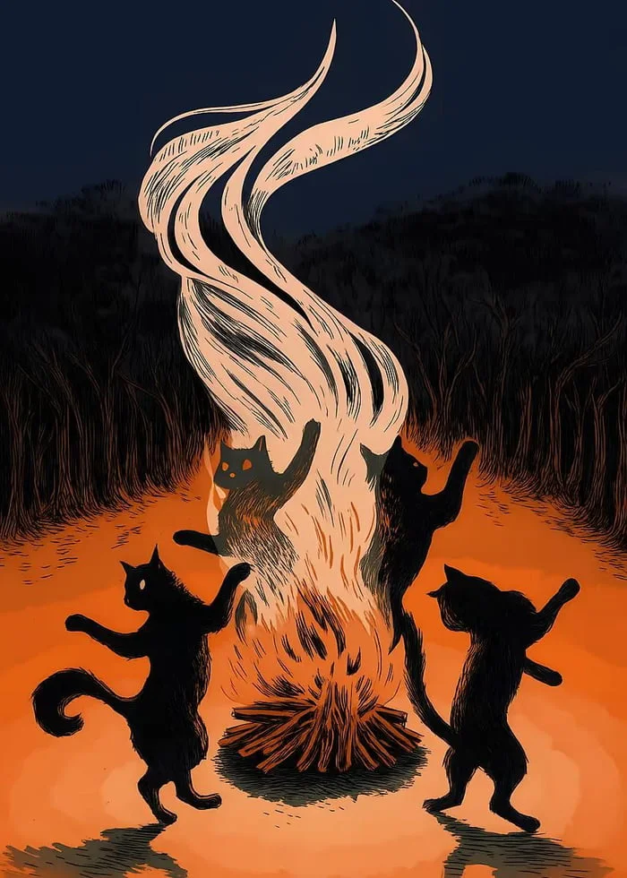 Spooky Month 36. Black silhouettes of cats dancing around a bonfire with swirling flames against a dark forest backdrop