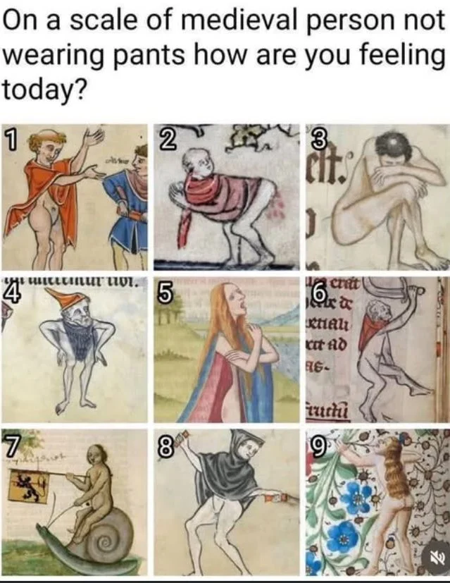Humorous mood scale using nine medieval manuscript illustrations of nude figures in various poses and situations. Text: On a scale of medieval person not wearing pants how are you feeling today?