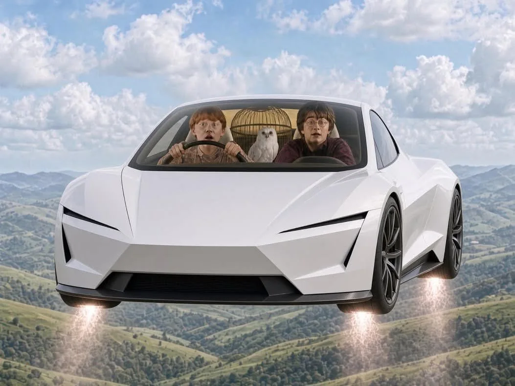 Three characters from Harry Potter sit in a futuristic white sports car flying over a mountainous landscape