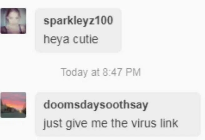 Screenshot of a messaging conversation showing flirtatious greeting followed by suspicious request for malware link. Text: sparkleyz100 heya cutie / Today at 8:47 PM / doomsdaysoothsay just give me the virus link