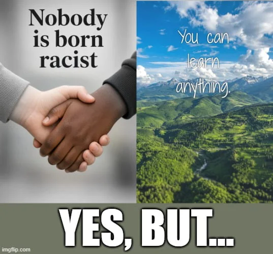 Heartwarming until you think about it. Split-panel image contrasting optimistic messages about equality and learning potential with a cynical punchline. Text: Nobody is born racist / You can learn anything / YES, BUT