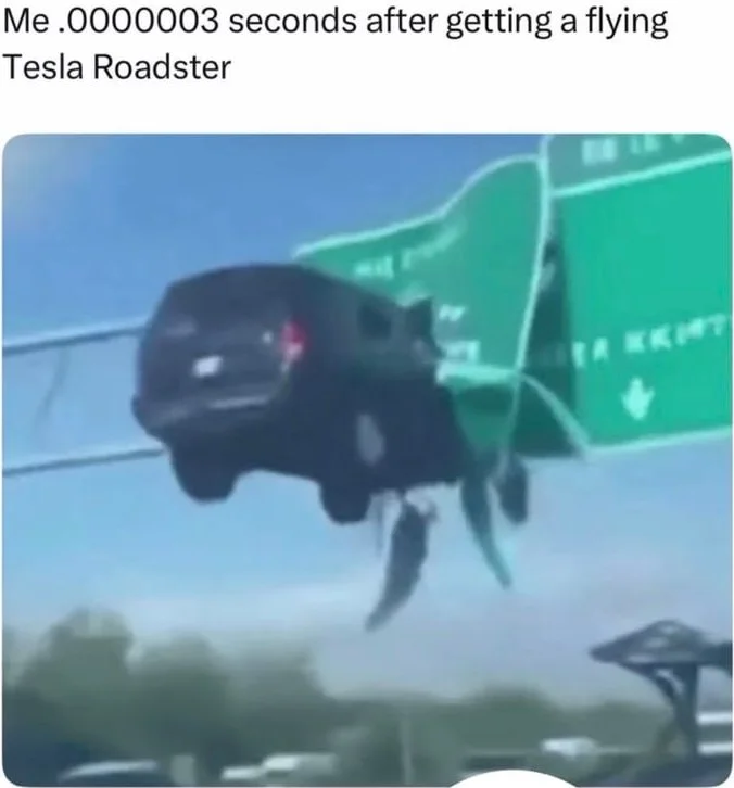 A black Tesla Roadster car is flying through the air against a blue sky with green structures visible. Text: Me .0000003 seconds after getting a flying Tesla Roadster