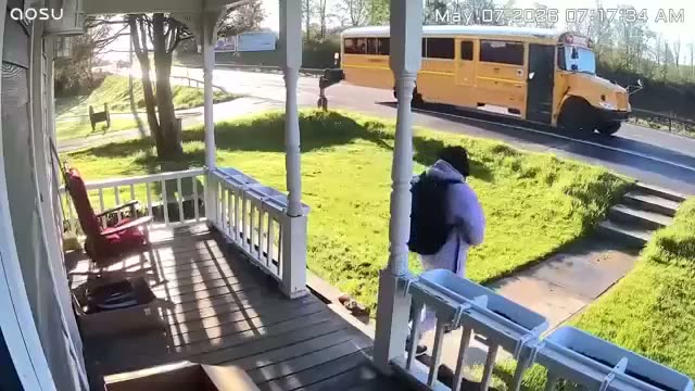 Security camera footage showing a school bus stopped outside a house…