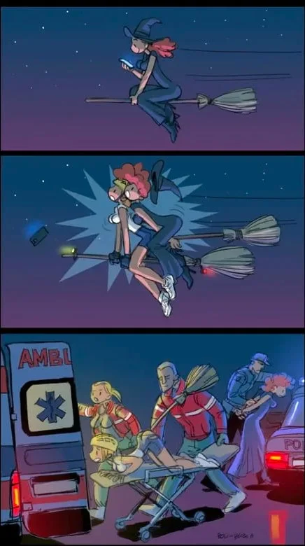 A witch on a broomstick crashes into multiple broomsticks, then lands in an ambulance with paramedics. Text: AMBI