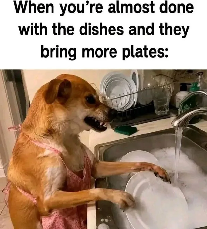 The moment your chores multiply. A dog wearing an apron looks dismayed while washing dishes at a sink with water running. Text: When you're almost done with the dishes and they bring more plates: