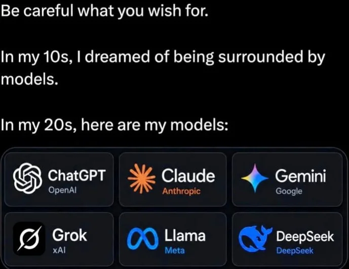 Careful what you wish for. A joke about dreaming of being surrounded by models as a child, but ending up surrounded by AI models as an adult. Text: Be careful what you wish for. / In my 10s, I dreamed of being surrounded by models. / In my 20s, here are my models: / ChatGPT OpenAI / Claude…