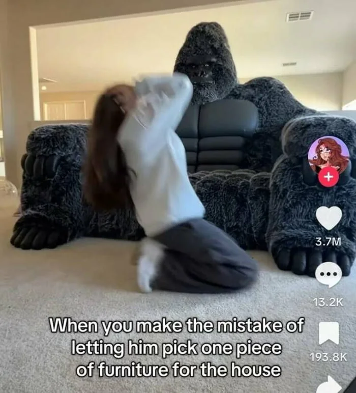 He chose the best chair possible. Person sitting in front of an oversized black furry gorilla-shaped chair in a living room. Text: When you make the mistake of letting him pick one piece of furniture for the house