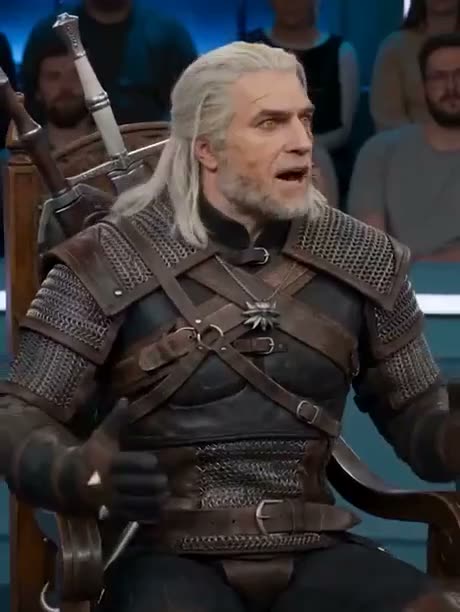 A man dressed as a medieval warrior with white hair and armor speaks…