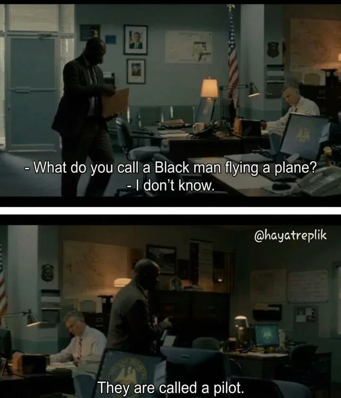 Two office workers have a conversation where one asks a setup question, and the other delivers a punchline affirming equality. Text: What do you call a Black man flying a plane? / I don't know. / @hayatreplik / They are called a pilot