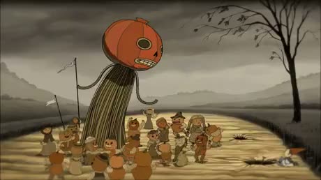 Surreal illustration of a large pumpkin-headed scarecrow looming…