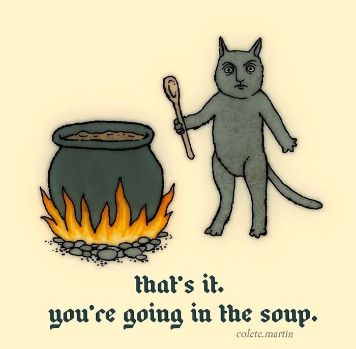 A cat-like creature holds a spoon next to a cauldron of boiling soup over a fire. Text: that's it. you're going in the soup. colete.martin