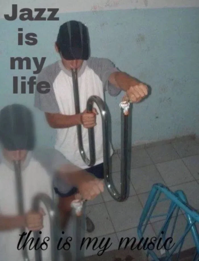 Music is my passion. Person playing a bicycle wheel as a musical instrument with headphones on. Text: Jazz is my life / this is my music