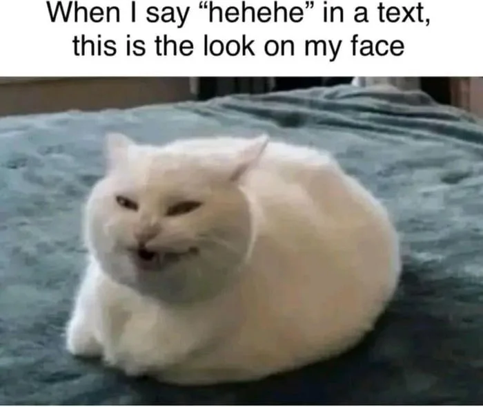 A white cat with a smug, satisfied facial expression lying on a bed. Text: When I say "hehehe" in a text, this is the look on my face