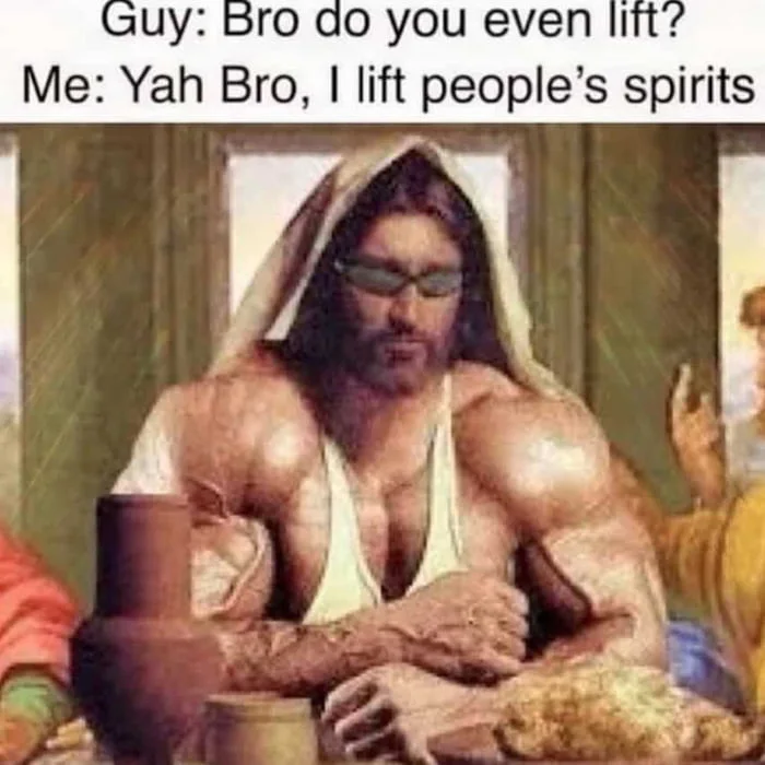 Muscular man in religious robes demonstrates literal lifting ability as humorous response to gym question. Text: Guy: Bro do you even lift? / Me: Yah Bro, I lift people's spirits