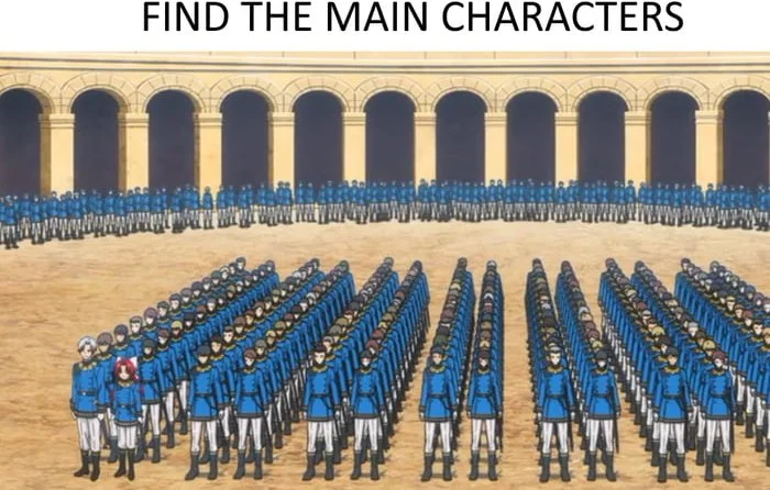 Large crowd of identically dressed soldiers in blue uniforms with a few individuals highlighted in red among them. Text: FIND THE MAIN CHARACTERS