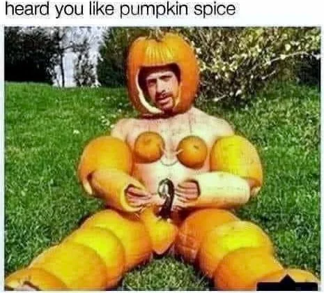 This time of the year. Person dressed entirely in pumpkin and autumn-colored clothing, styled as an extreme pumpkin spice enthusiast. Text: heard you like pumpkin spice