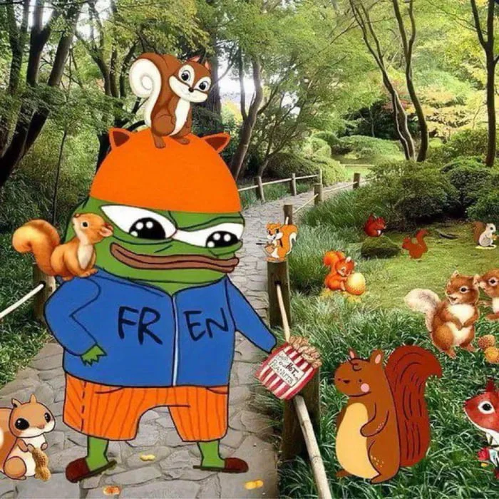 Snacks?. A cartoon frog character wearing a blue jacket surrounded by squirrels in a forest park setting. Text: FRIEN