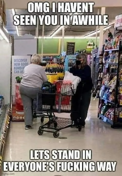 Two people stand blocking a store aisle while chatting, oblivious to other shoppers trying to pass by. Text: OMG I HAVENT SEEN YOU IN AWHILE / DISCOVER HOW GOOD KOMBUCHA CAN BE / LETS STAND IN EVERYONES FUCKING WAY