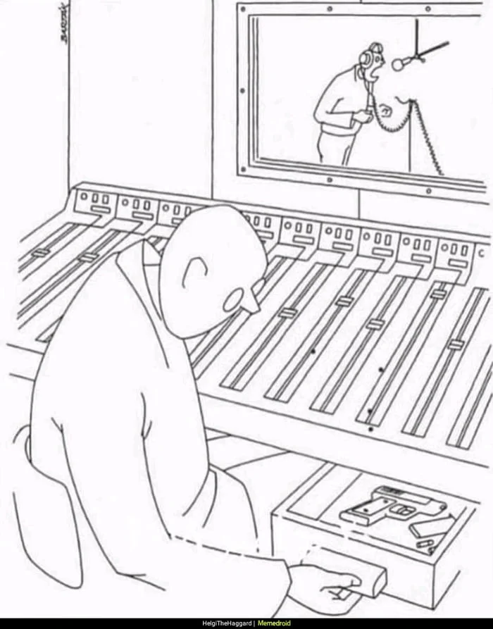 Modern music production standards. Person at computer workstation watching someone on screen pointing at them accusingly. Text: Helgi/TheHaggard / Meme4old