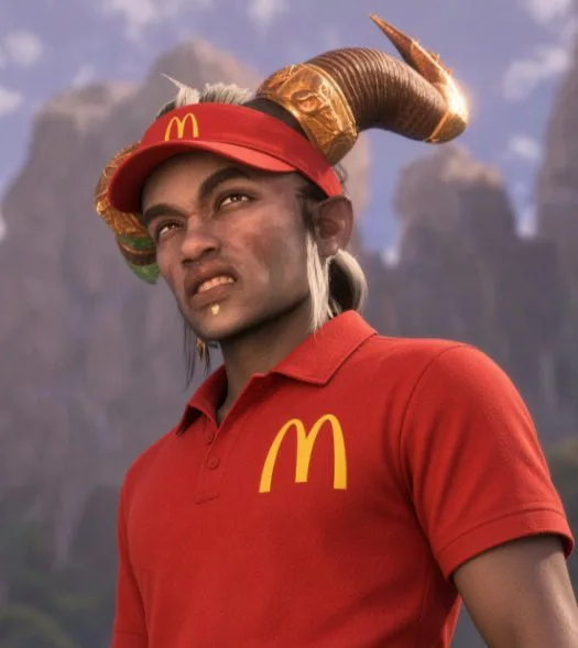 A demon-like character wearing McDonald's uniform and visor with horns, set against a city skyline backdrop