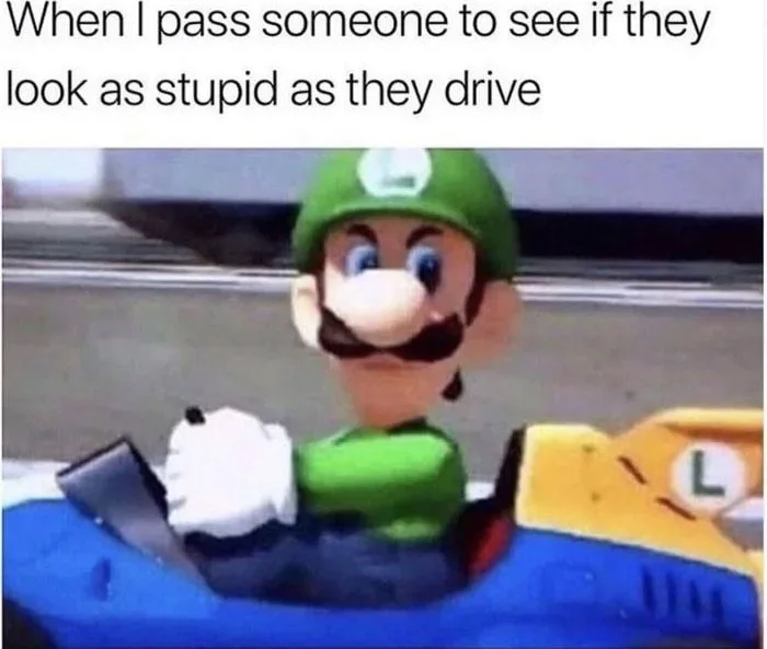 Luigi from Mario Kart making an exaggerated judgmental facial expression while driving. Text: When I pass someone to see if they look as stupid as they drive