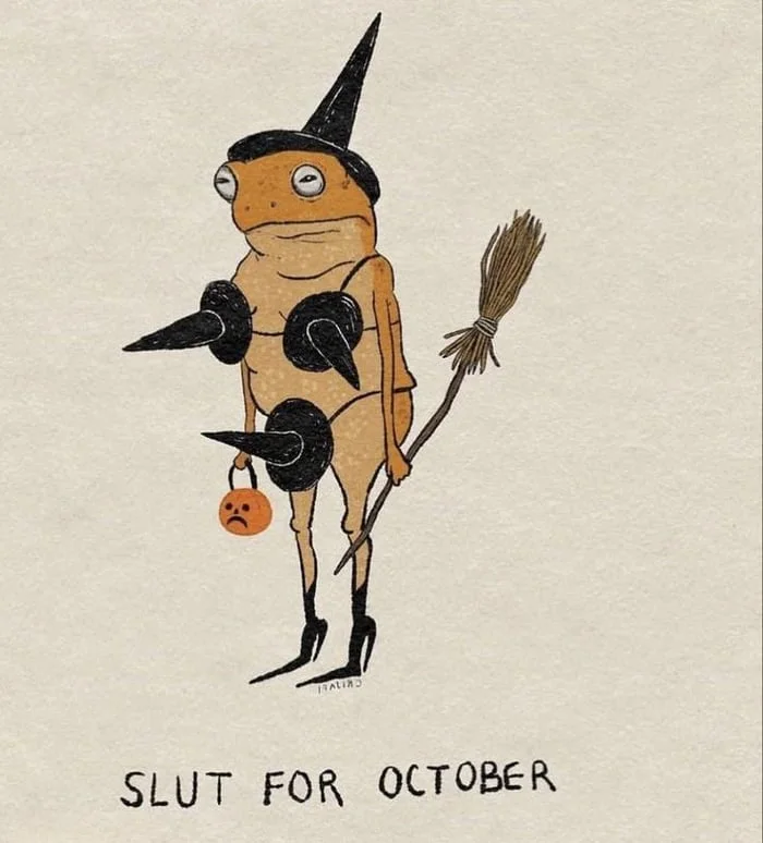 A witch-like figure in a pointed hat holding a broomstick and wearing black spikes, drawn in a vintage style. Text: SLUT FOR OCTOBER