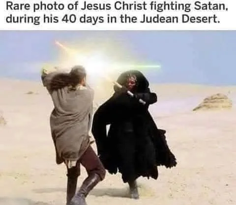 Two figures in robes appear to be in combat in a desert landscape with bright light effects. Text: Rare photo of Jesus Christ fighting Satan, during his 40 days in the Judean Desert