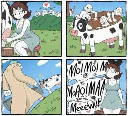 Comic showing a girl milking a cow that grows progressively larger, ending with the girl making exaggerated moaning sounds. Text: MOI! MOI! MOI! / MOAOMAAA / Meeeeww!